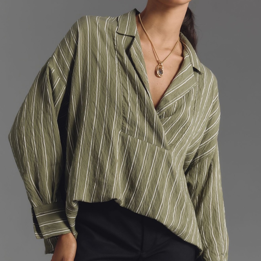 Anthropologie Olive Striped Wrap-Front Blouse